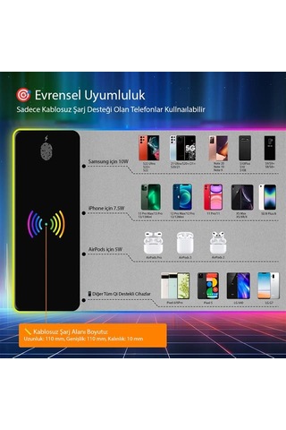 Powermaster Pm-25115 Xl Rgb Gaming Mouse Pad Wireless Telefon Şarj Destekli 14 Modlu