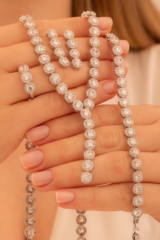 Kadın Gümüş Takı Seti - Şahmeran Yuvarlak Model Zirkon Taşlı Kolye, Bileklik, Yüzük, Küpe Tam Set