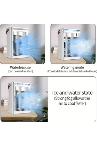 Motion003 Beyaz 3u 1 Arada Tasinabilir Su Sogutma Fani 5 Hiz Buz Odasi Usb Masa Fani Nemlendirici Led Isik
