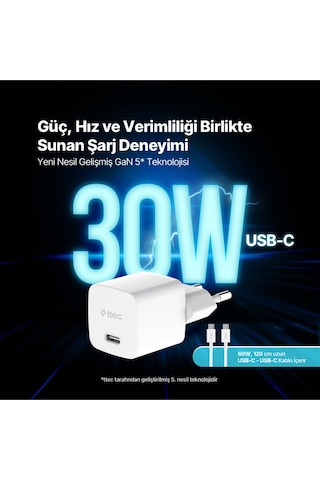 Ttec 2SCG30CB Smartcharger Gan 30W PD Seyahat Hızlı Şarj Aleti + USB-C - USB-C 3A Kablo