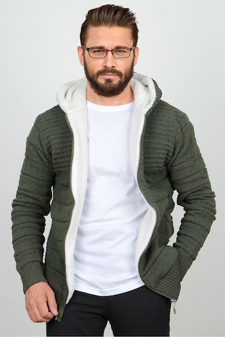 Erkek İçi Kürklü Kapüşonlu Fermuarlı Triko Hırka  T743- Yeşil