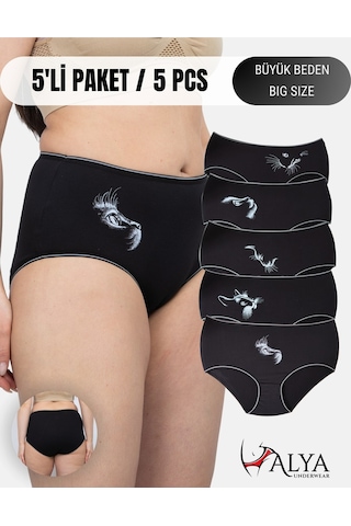 Alya Underwear Kadın Büyük Beden Külot Battal Full Brief, Yüksek Bel 5xl, 6xl, 7xl 5 Farklı Renk 1 Pakette Siyah P13