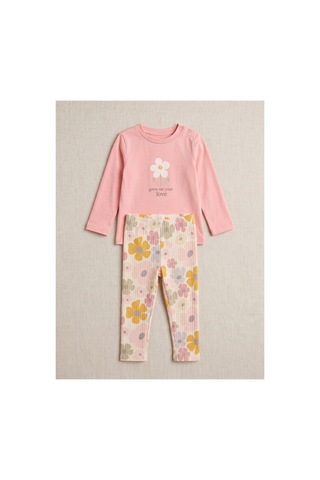 Deniva Kids Kız Çocuk Pudra Papatya Baskılı Fitilli Taytlı Alt Üst Takım Pembe