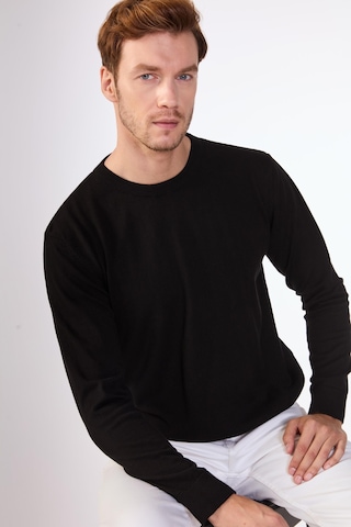 Dufy Siyah Bisiklet Yaka %100 Pamuk Düz Renk Slim Fit Erkek Triko Siyah