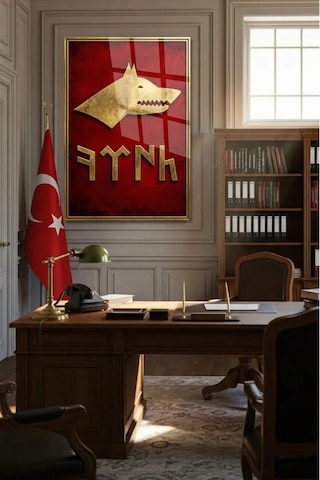 Türk Destanlarında Bozkurt Sembolü Kırmızı Gold Cam Tablo Sanatsal Duvar Dekoru Canlı Renkli Baskı Ofis Ve Çalışma Odası Dayanıklı Cam Yapı