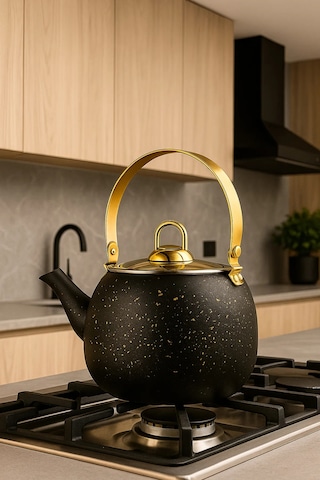 Yunusoğlu Home 1 Litre Gold Kulplu Siyah Granit Bitki Çay Demliği