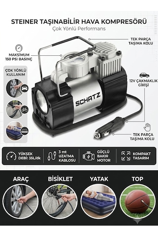 Schatz 12v 150 Psi Işıklı Bakır Sargılı Çakmaklık Girişli Mini Hava Kompresörü 35l Siyah