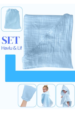 Joyous Mom Kids Organik Muslin Banyo Kese Ve Havlu Seti Mavi