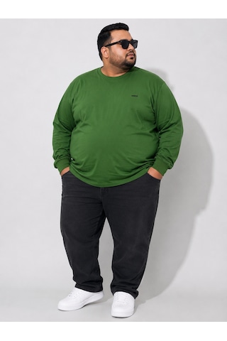 Büyük Beden Pamuklu Rahat Kalıp Günlük Kullanım Bisiklet Yaka Erkek Sweatshirt Yeşil
