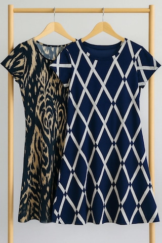 2 Adet Dökümlü Rahat Kalıp Günlük Penye Kumaş Elbise Lacivert - Krem