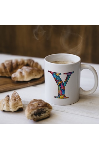 Y Harfi Bardak 330 Ml İsme/harfe Özel Hediye, Renkli Harf Tasarım Beyaz