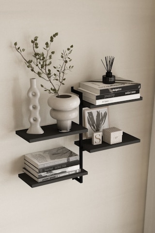 Aju 4 Katlı Duvar Rafı Metal Çerçeveli Dekoratif Kitaplık Ve Raf Ünitesi Modern Ve Minimalist Tasarım Siyah