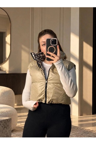 Elora Atelier Çift Taraflı Leopar Desenli Şişme Yelek Bej-leopar