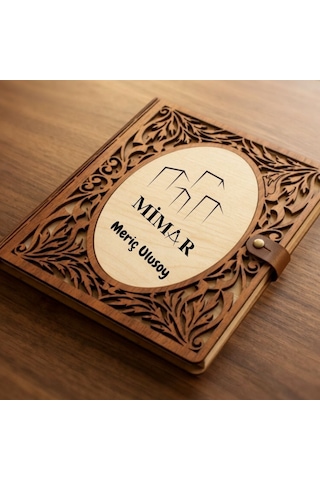 Mimar Tasarımlı Kişiye Özel Ahşap Kapaklı Defter - Çizim Ve Eskiz İçin 60 Yaprak Kraft Kağıtlı Mesleki Hediye Kahve