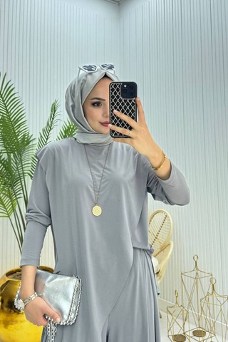 Neşeli Butik Kadın Candy Kumaş Asimetrik Kesim Tunik Pantolon İkili Tesettür Takım Nms072 Gri