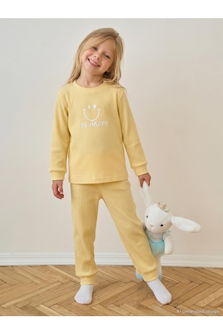 Minidamla Gülen Yüz Baskılı 1-7 Yaş Pijama Takımı - Sarı