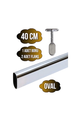 Metal Oval Krom Mobilya Dolap Askı Borusu Krom 40cm Oval 2 Adet Ayaklı Kapalı Flanş-1 Adet Boru Gri
