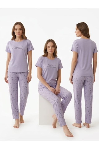 Pijamoni Kısa Kollu Uzun Altlı Kadın Pijama Takımı Yumuşak Kumaş & Şık Tasarım Açık Lila Pijamoni Kısa Kollu Uzun Altlı Kadın Pijama Takımı Yumuşak Kumaş & Şık Tasarım Açık Lila