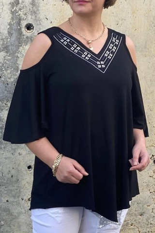 Mia Butik Büyük Beden Siyah Arkası & Önü V Yaka Bluz Siyah
