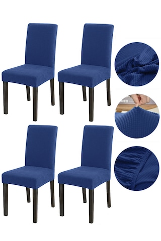 Bambu Nano Kumaş Likralı Lastikli Sandalye Kılıfı Yıkanabilir Esnek Sandalye Örtüsü 4 Lü Set Lacivert