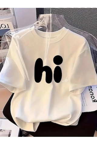Primemagazam Kadın Kısa Kol Yazlık Tişört Bisiklet Yaka Hi Baskılı T-shirt - Beyaz Çeşitli