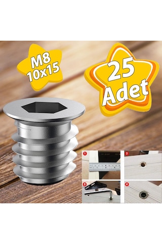 Metal Düz Dişli Dübel Ahşap Dübeli M8 10x15 Diş Çinko Mobilya Bağlantı Ünite Birleştirme 25 Adet