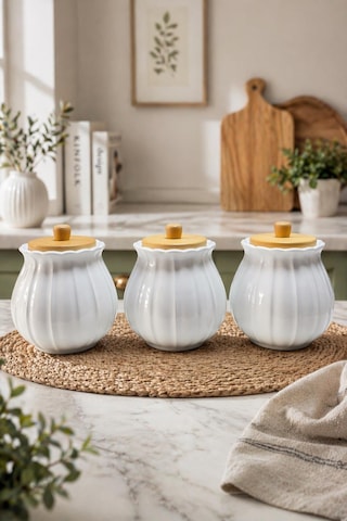 3'lü Seramik Sugar Tea Coffee Kavanoz Seti, Tezgah Üstü Baharat Takımı Vakumlu Papatya Tasarım Beyaz