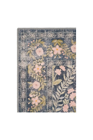 Cool Halı Daisy Kömür Mavi Bohem Halı Yıkanan Çiçek Desenli Dokuma Şönil Halı Otantik Vintage Halı