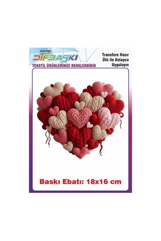 Örgü Görünümlü Kalp Ütü İle Yapışan Tişört Tekstil Baskı 3155