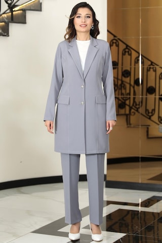Parla Uzun Ceket Pantolon İkili Tesettür Takım Gri Gri