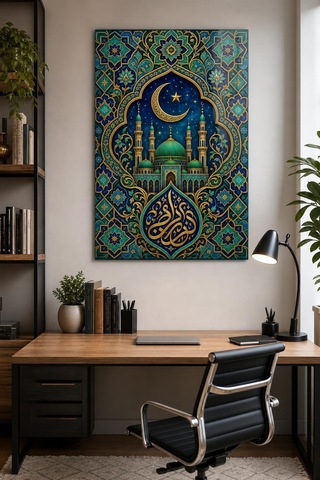 İslami Cami Desenli Baskılı Cam Tablo Altın Varak Görünümlü Dekoratif Duvar Tablosu