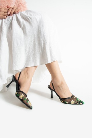 Lebibe Shoes Daısy Çiçek İşlemeli Tül Dokulu 7cm Bantlı Siyah Topuklu Ayakkabı