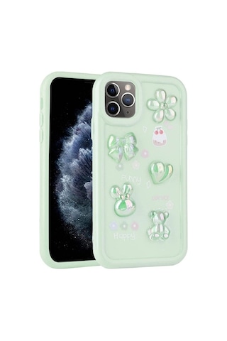 Apple Uyumlu iPhone 11 Pro Max Kılıf Kabartma Figürlü Parlak Zore Toys Silikon Kapak Light Green