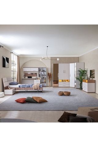 Milano Genç Odası -5 Kapaklı Aynalı Dolap, Karyola, Komodin, Çalışma Masası, Şifonyer, Kitaplık Beyaz