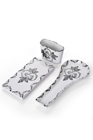 Piatti Naturali 3 Lü Mutfak Seti Black Rose Kaşık Altlığı Süngerlik Yağdanlık