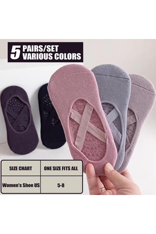 Jeehugo Kadınlar İçin 5 Çift Yoga Çorapları - İç Mekan Pilates Sporu, Zemin Kullanıma Uygun, Düz Renk, Ayak Bileği Bağcıklı Egzersiz Çorapları Diğer