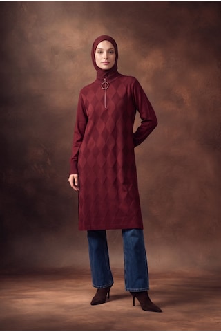 Armine Trend Baklava Desenli Fermuar Yaka Uzun Triko Tunik Bordo 25ktd4112