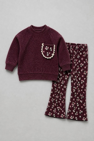 Magu Kız Çocuk Çiçek Desenli Bordo Sweatshirt Ve İspanyol Paça Tayt Takımı