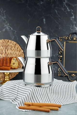 Everest 18/10 Paslanmaz Çelik Jumno Boy Çaydanlık 2 L Demlik 3,25 L Alt Hazne Siyah