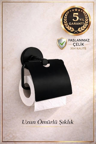 Alper Banyo Siyah 304 Paslanmaz Çelik Kapaklı Tuvalet Kağıtlığı – 5 Yıl Garantili – Yapışkanlı & Vidalı Montaj