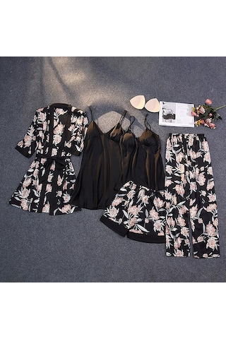 Ece's Design 5 Parça Lüks Saten Pijama Gecelik Takımı Çiçek Desenli Sabahlık Robe Kadın İç Giyim Seti W2013 Siyah