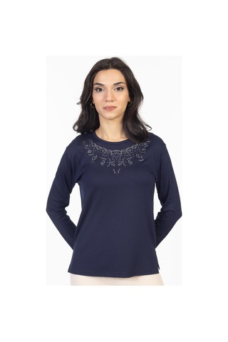 Yeni Model Taş İşlemeli Yuvarlak Yaka Likralı Anne Penye Bluz 6420-lacivert