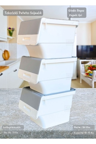 3'lü Tekerlekli Patateslik Soğanlık Bpa Free Oyuncaklık Erzak Kutusu Sebzelik Gri 36 Lt Gri Beyaz
