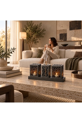 Lazer Kesim Metal Tealight Mumluk Ve Tütsülük Seti Geometrik Selçuklu Yıldızı Motifli Modern Ev Dekoru Benzersiz Masa Süsü Ve Hediye Siyah