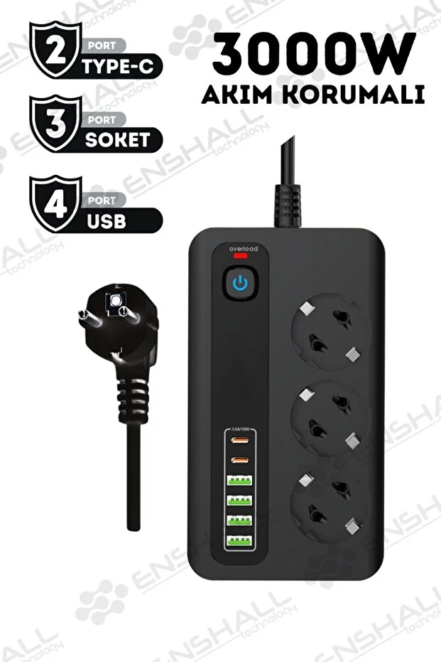 Pro P10 3x Priz 3000w Akım Korumalı 4x Usb 2x Type-c Girişli Çoklu Priz Siyah 2