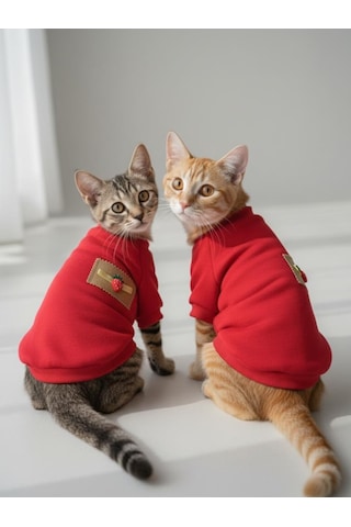 Sevimli Çilek Detaylı Kırmızı Kedi Polar Sweatshirt