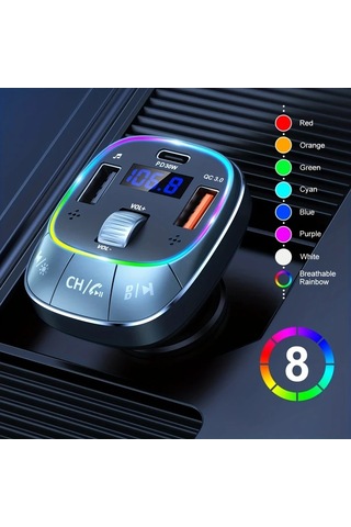 Xuweiwei Gri Laımıcaerın Araba Kablosuz 50 Adaptoru Eller Serbest Arama 8rgb Arka Aydinlatma Pd 30w Usbc Qc 30 Hizli Sarj Tum Araclar Icin Fm Verici