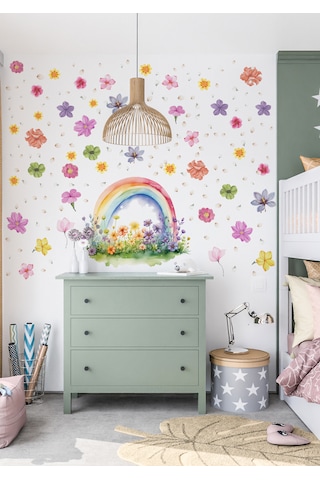 Gökkuşağı & Çiçek Duvar Sticker Mat, Sökülebilir, Dekoratif Duvar Süsü 01
