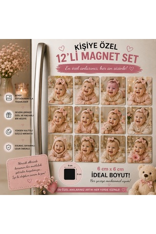 12'li Kare Fotoğraf Magneti Kız Bebeğe Kişiselleştirilebilir Bebek Anı Hediye Seti