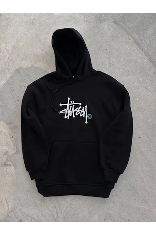 Novalisse Erkek Üç İplik Kapşonlu Baskılı Sweatshirt - Siyah Çoklu Renk